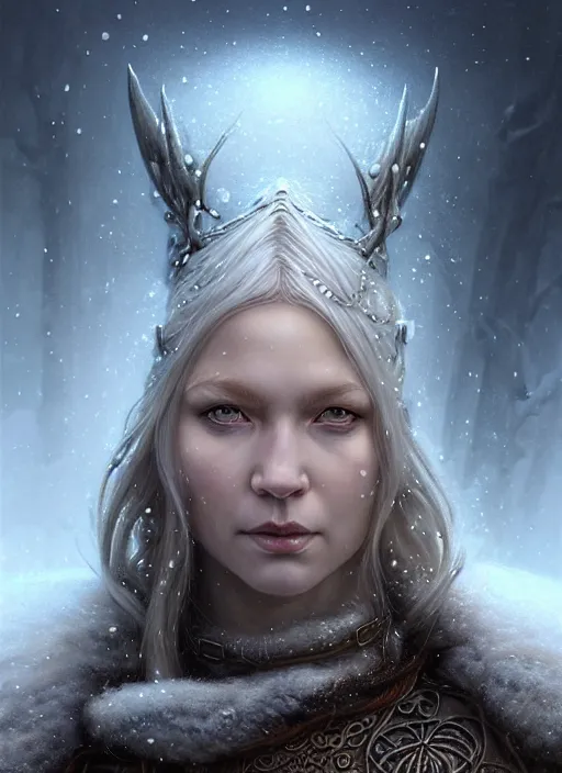 Image similar to closeup portrait shot of a female snow viking in a scenic dystopian environment, intricate, elegant, highly detailed, centered, digital painting, artstation, concept art, smooth, sharp focus, illustration, artgerm, tomasz alen kopera, peter mohrbacher, donato giancola, joseph christian leyendecker, wlop, boris vallejo