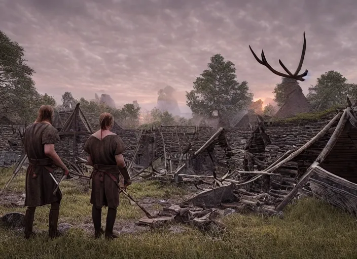 Image similar to a viking and a moose walks in the ruins of a viking village, burnt huts, bodies on the ground, horror, dramatic lighting, dawn, by caspar david friedrich, unreal engine 5