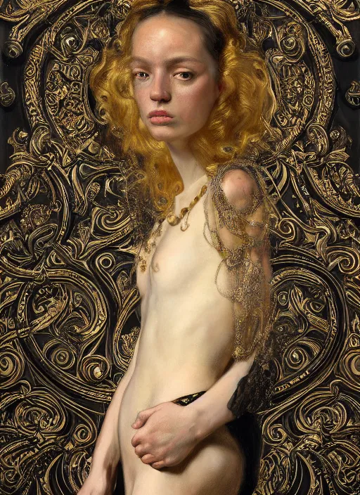 Image similar to highly detailed oil painting | very intricate | cinematic lighting | black, white and gold color scheme, dark background | decorative seamless pattern by alexander mcqueen | by roberto ferri, by gustav moreau, by singer sargent and klimt, american romanticism, occult art | by austin osman spare, artstation, cgsociety, official art, octane