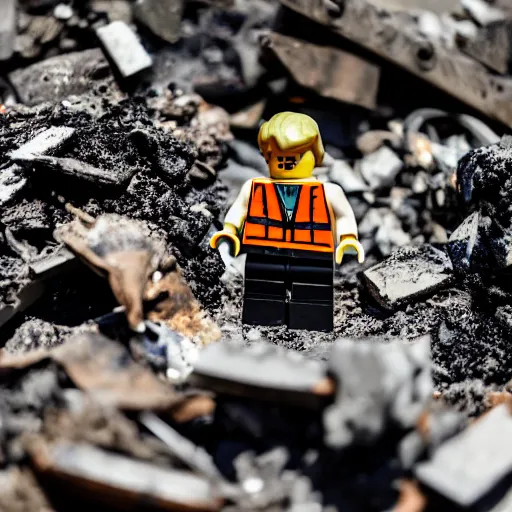 Image similar to A burned Lego figure in rubble,