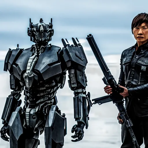 Image similar to cinematic still in westworld and real steel movie and pacific rim movie, one slim full body ornate armored core by fujioka kenki and by mamoru nagano, holding sci - fi rifle,