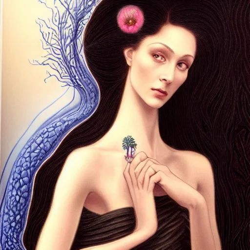 Image similar to facial portrait of a young pretty woman in flowing dress, arrogant, mysterious, long fine flowing hair, delicate, looking at camera, slightly awkward smile, realistic face, hands behind back, stylish, elegant, grimdark fantasy, flowers, extremely detailed painting inspired by Gerald Brom and Ernst Haeckel and Kaluta