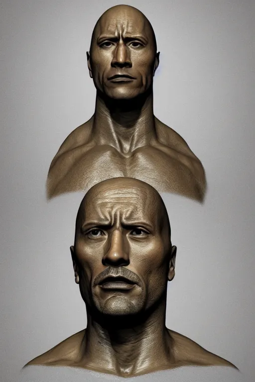 Image similar to (Dwayne Johnson carved anthracite portrait) sculpture by Rodin, ethereal, cinematic, weta workshop, ray trace, Zbrush, 3d sculpture, glow, cinematic, low light, photorealistic, volumetric, realistic, octane render, golden ratio, law of thirds, studio lighting, rim light, photo-bash, 8k post-production, hyperrealism, 80mm lens