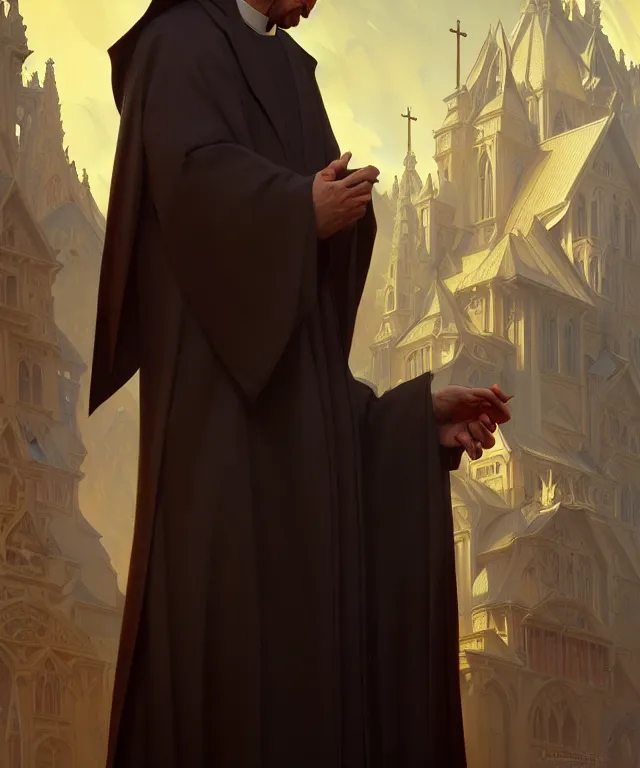 Image similar to a greedy preacher, an evil Catholic priest, portrait, intricate, elegant, highly detailed, digital painting, artstation, concept art, smooth, sharp focus, illustration, art by artgerm and greg rutkowski and alphonse mucha