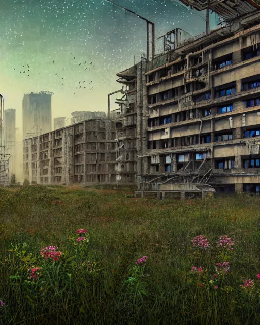 Image similar to a beautiful photorealistic illustration of unfinished building industrial architecture building urbex nature architecture city village by denis sarazhin, alien nature crystal san andreas laser rainforest mercury meadow cosmic landscape tundra bladerunner 2 0 4 9 flowers thermal imaging thermal vision, archdaily, wallpaper, highly detailed, trending on artstation.