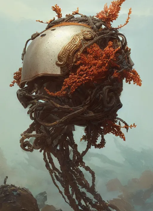 Image similar to Helmet of a forgotten Deity, ivory, copper cables, corals, plume of seaweed, extremly detailed digital painting, in the style of Fenghua Zhong and Ruan Jia and jeremy lipking and Peter Mohrbacher, mystical colors, rim light, beautiful lighting, 8k, stunning scene, raytracing, octane, trending on artstation