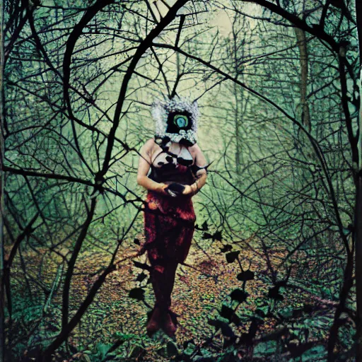 Prompt: woman with mask made of clouds and thorns, standing in a forest, Kodak vision3 500t