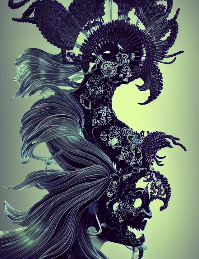 Image similar to 3 d goddess close - up profile portrait with crown, ram skull. beautiful intricately detailed japanese crow kitsune mask and clasical japanese kimono. betta fish, jellyfish phoenix, bio luminescent, plasma, ice, water, wind, creature, artwork by tooth wu and wlop and beeple and greg rutkowski