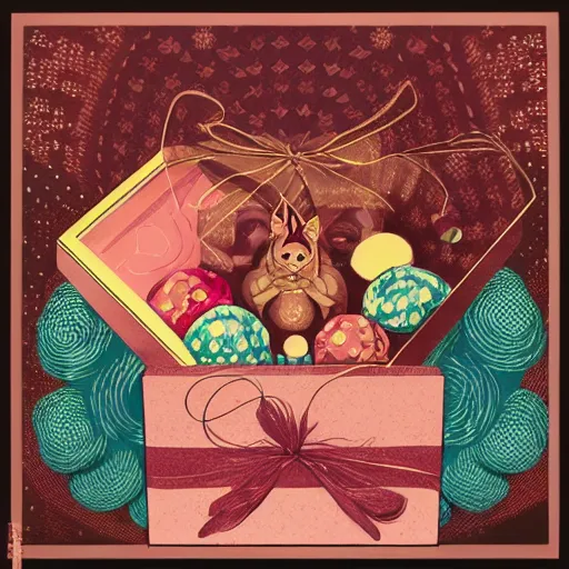 Image similar to infinite gift box inside gift box inside gift box inside gif box, like matriochkas, illustration by victo ngai