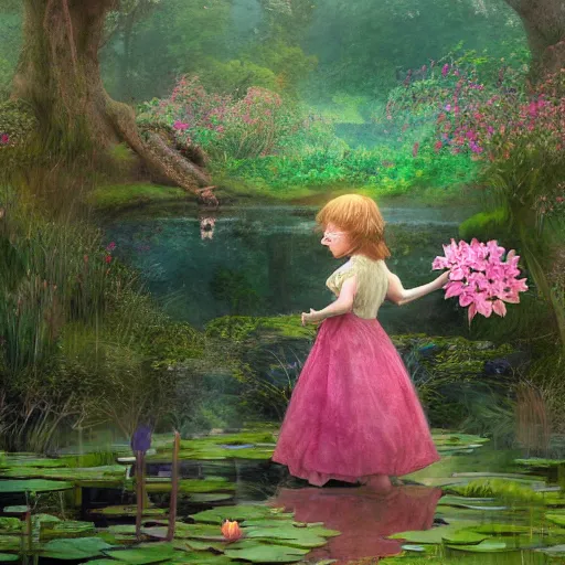 Image similar to a hobbit girl backlit carrying flowers near a mirror like pond, by alan lee, colorful clothing, springtime flowers and foliage in full bloom, lotus flowers on the water, dark foggy forest background, sunlight filtering through the trees, digital art, art station.