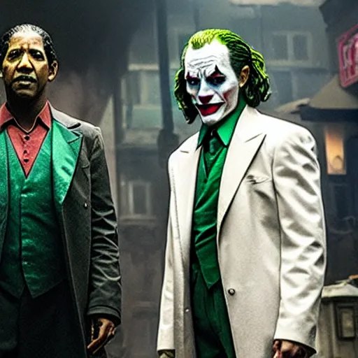 Image similar to film still of Denzel Washington, Denzel Washington, Denzel Washington as joker in the new Joker movie