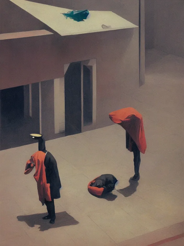 Image similar to magician with a trash over his head praying to a trash bin Edward Hopper and James Gilleard, Zdzislaw Beksinski highly detailed