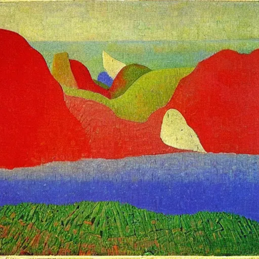 Image similar to painting of a lush natural scene on an alien planet by kazimir malevich. beautiful landscape. weird vegetation. cliffs and water.