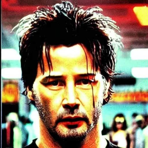 Image similar to “Keanu Reeves in fight club movie, 80's vhs cover, painted by Philippe Druillet , high detail, cinematic lighting, eerie, spooky, scary, wild, fantasy, surreal, cinematic lighting, dramatic mood, dark, hellish, eerie, highly detailed”