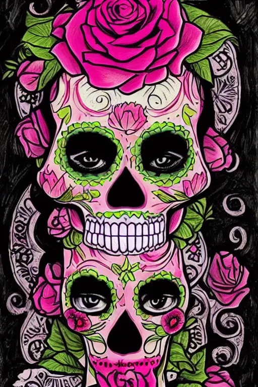 Image similar to illustration of a sugar skull day of the dead girl, art by stephen bliss