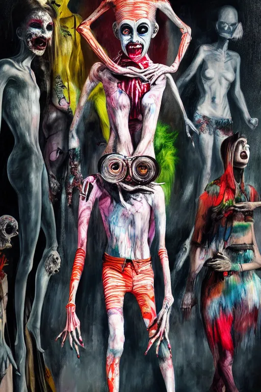 Image similar to crazy fashion catwalk, freak show, one model, crazy clothes, biopunk style, horror, hauntingly surreal, highly detailed painting by francis bacon, edward hopper, adrian ghenie, gerhard richter, and james jean soft light 4 k