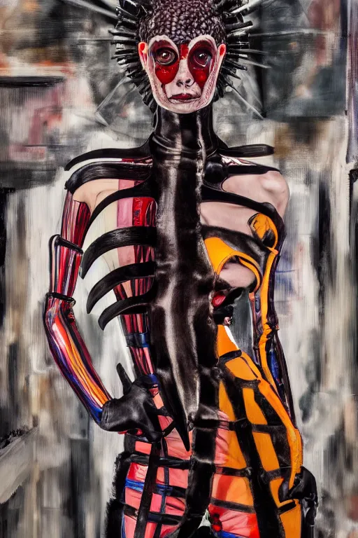 Image similar to crazy fashion catwalk, latex, constructivism, freak show, one model, crazy clothes, biopunk style, horror, hauntingly surreal, highly detailed painting by francis bacon, edward hopper, adrian ghenie, gerhard richter, and james jean 4 k