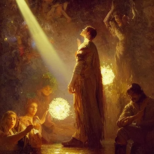 Image similar to a handsome slender young man with wavy brown hair summons a ball of light into his hand. dramatic. cinematic. holy. saintly. demigod. lord of light. gaston bussiere. geoffroy thoorens