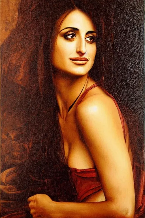 Image similar to oil painting, portrait of penelope cruz, artwork by leonardo da vinci