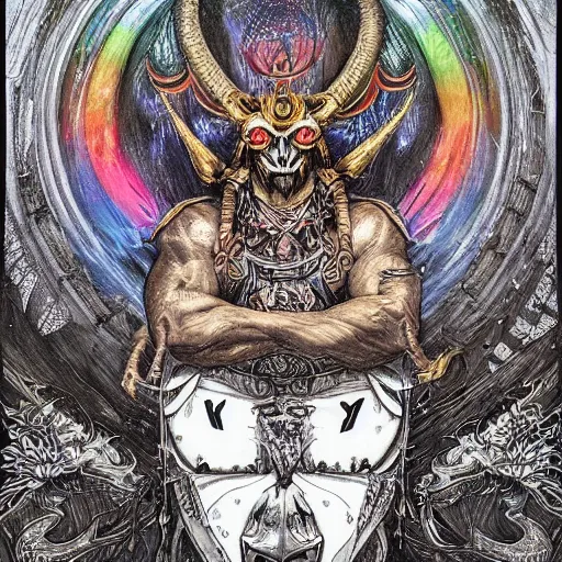 Image similar to rainbow paper + tarot card + Giant Muscular Baphomet wearing Samurai outfit, vintage detailed fantasy illustration painted by Dan Witz, Artgerm, Eldritch, John Howe + intricate ink illustration, ornate, highly detailed + digital painting + 4k + HDR + concept art, smooth, sharp focus, psychedelic black light style + symmetry + bloodborne