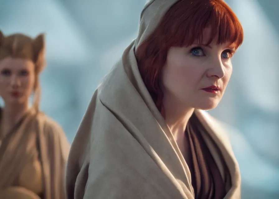 Prompt: still image of alice levine as a jedi in a star wars movie, close - up, cinematic, 4 0 mm f / 2. 8, anamorphic