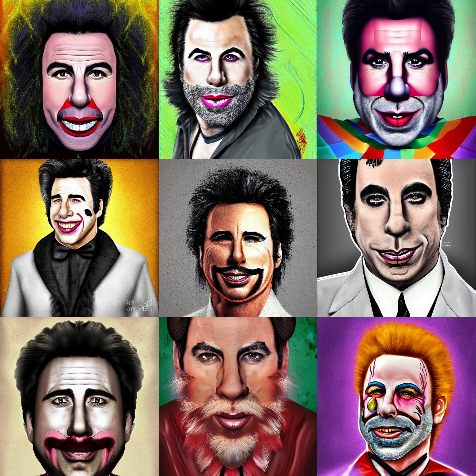 Prompt: john travolta is a hairy clown digital art, studio, detailed portrait