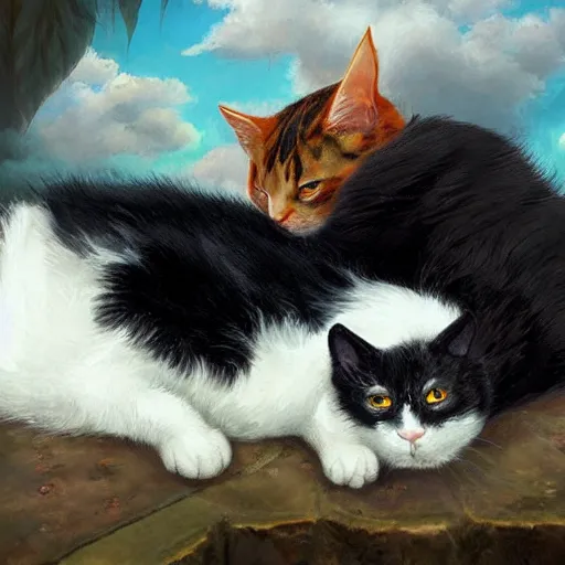 Prompt: a fat black and white male cat and a slim tortoiseshell female cat sleeping peacefully together in cat heaven, dreamy puffy clouds, painted by Tyler Edlin