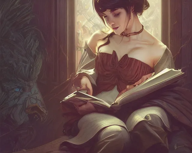 Prompt: faker reading a book, deep focus, d & d, fantasy, intricate, elegant, highly detailed, digital painting, artstation, concept art, matte, sharp focus, illustration, hearthstone, art by artgerm and greg rutkowski and alphonse mucha