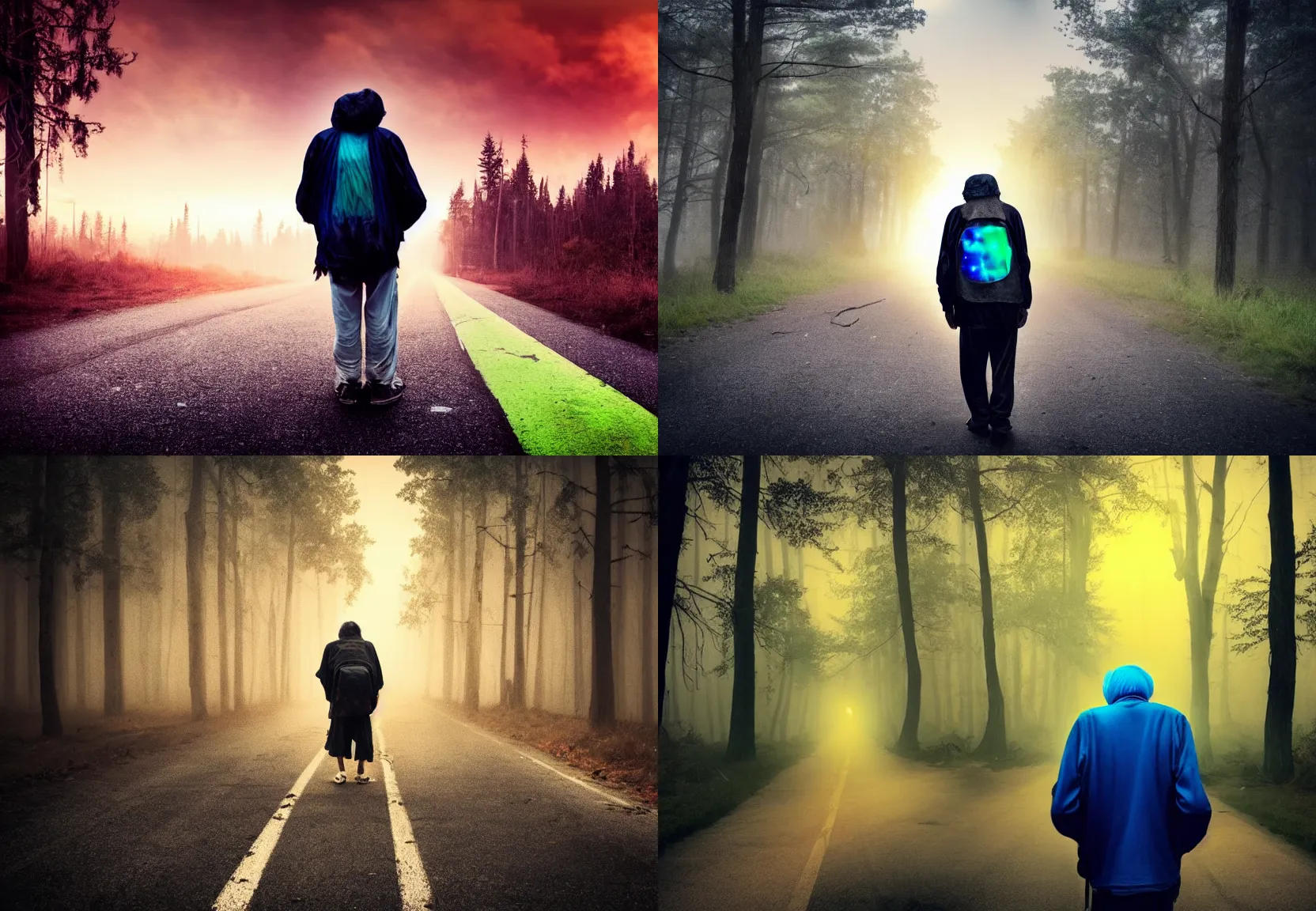 Image similar to a sad rumpled old homeless with torn clothes goes into the distance with his torn old backpack, neon road, magical sunset, gloomy forest, magical fog, depression, post - apocalypse