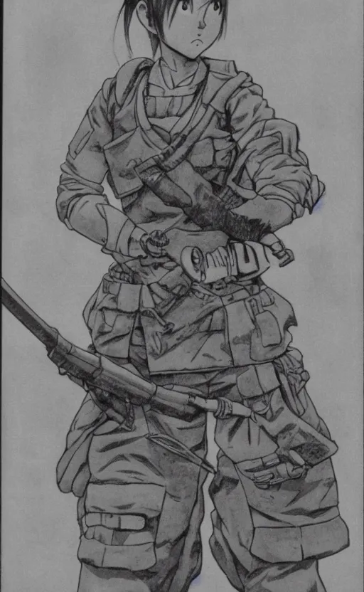 Prompt: manga, monochromatic, toriyama akira, portrait of soldier girl indicating a direction with her arm