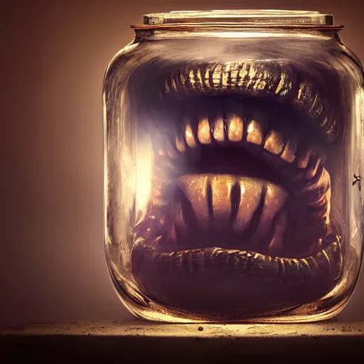 Prompt: Evil monster in a jar by Greg Rutkowski, product photography, centered, studio lightning