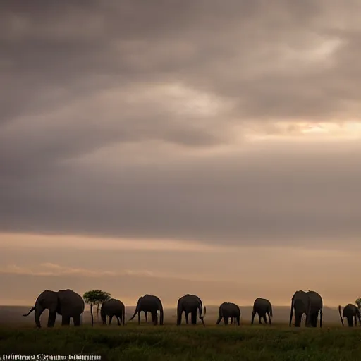 Image similar to an elephant herd in a vast plain, cinematic lighting, national geographic photography, masterpiece, wide angle, canon eos r 3, f / 1. 4, iso 2 0 0, 1 / 1 6 0 s, 8 k, raw, unedited, symmetrical balance