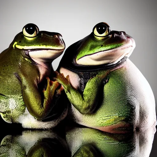 Prompt: 3 fat obese frogs playing in a band, high-definition photograph