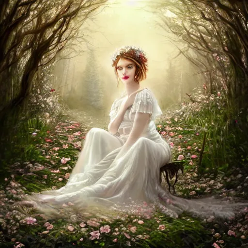 Image similar to a picture of a beautiful woman in a white lace dress and covered in flowers and leaves sitting overlooking an enchanted forest, high fantasy, elegant, epic, detailed, intricate, digital painting, concept art, realistic detailed face, smooth, focus, volumetric light through the trees,