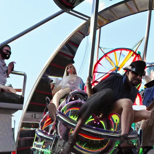 Prompt: death grips riding tilt - a - whirl at a carnival, mc ride, zach hill, andy morin,