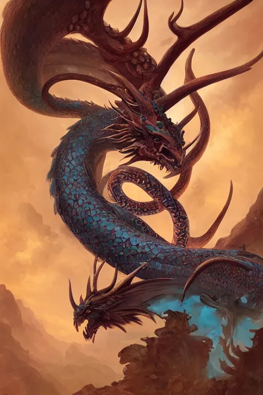 Image similar to cyan the complete dragon has a chinese dragon head, antlers, snake body, and eagle claws. the center of the picture hybrid fantasy, intricate, elegant, highly detailed, digital painting, artstation, concept art, matte, sharp focus, illustration by peter mohrbacher justin gerard zhang yu