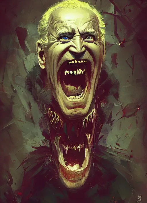 Image similar to crazy mad Joe Biden grinning demonic sadistic smile all powerful emperor of the world, high contrast, cosmic horror, abstract, masterpiece, trending on ArtStation, by Greg Rutkovski and by Craig Mullins and by David Cronenberg and by Ismail Inceoglu