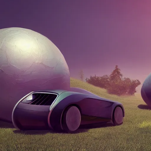 Image similar to a spherical car driving next to a beautiful camp with tyrannosaurus rex and humans dancing, smoky, green hills, many interstellar plants, futuristic concept design, airy landscape, high detail rendering by octane, unreal engine, 8 k, cinematic grade.