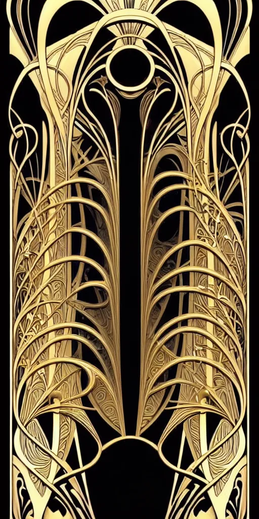 Image similar to the source of future growth dramatic, elaborate emotive Art Nouveau styles to emphasise beauty as a transcendental, seamless pattern, symmetrical, large motifs, hyper realistic, 8k image, 3D, supersharp, Art nouveau 3D curves and swirls, iridescent and black and shiny gold colors , perfect symmetry, iridescent, High Definition, sci-fi, Octane render in Maya and Houdini, light, shadows, reflections, photorealistic, masterpiece, smooth gradients, no blur, sharp focus, photorealistic, insanely detailed and intricate, cinematic lighting, Octane render, epic scene, 8K