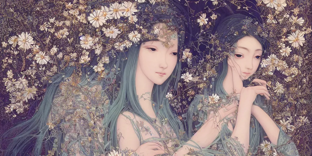 Prompt: breathtaking detailed concept art painting of the goddesses of nemophila flowers, orthodox saint, with anxious, piercing eyes, ornate background, amalgamation of leaves and flowers, by Hsiao-Ron Cheng, James jean, Miho Hirano, Hayao Miyazaki, extremely moody lighting, Black paper, cut paper texture, Full of light-blue and silver and white layers, 8K