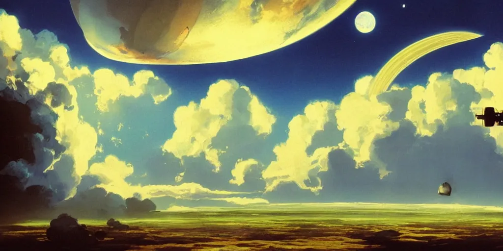 Image similar to blue dreamy cloudscape with a single planet in the clouds, daylight, cinematic lighting, cinematic perspective, syd mead, john harris, federico pelat,