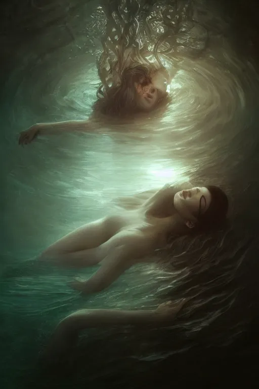 Image similar to floating deep in dark murky water!!!, underwater atmospheric mood, asleep and dreaming! cinematic volumetric lights, bust portrait, dnd, fantasy, intricate, elegant, highly detailed, digital painting, artstation, concept art, smooth, sharp focus, illustration, art by artgerm and tom bagshaw and greg rutkowski and alphonse mucha