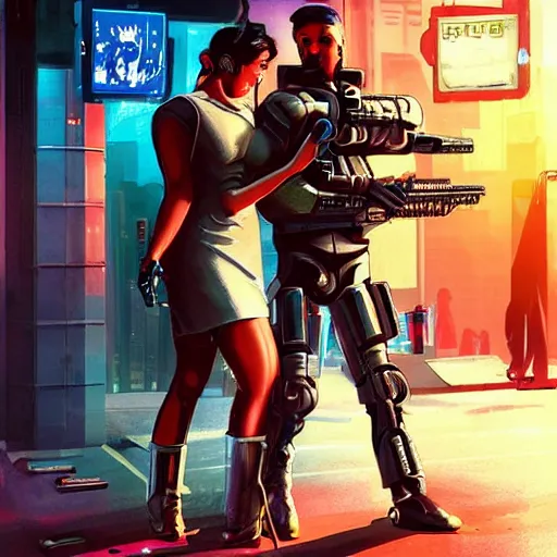 Image similar to realistic, symmetrical, cyberpunk city, man and women in love in a gunfight with robot police. @ philosorapper! dream realistic, symmetrical, cyberpunk city, man and women in love in a gunfight with robot police.