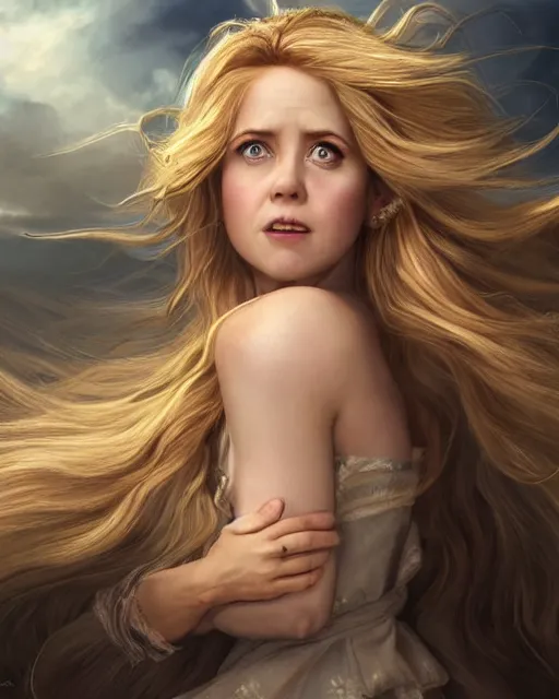 Image similar to happy whimsical jenna fischer cleric, long blonde wind swept hair, ethereal, dreamy, backlit, highly detailed, stern expression, realistic lighting, sharp focus, windswept, rule of thirds, symmetrical facial features, by artgerm, wlop, rossdraws, frank frazetta, andrei riabovitchev, trending on artstation, hd, 4 k, fantasy