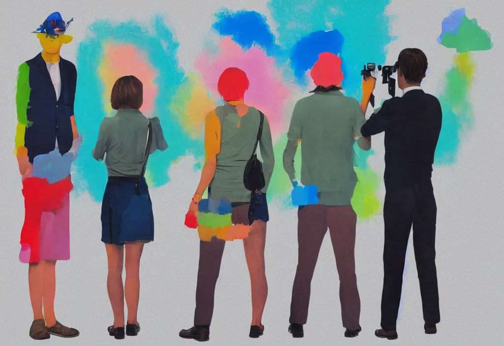 Image similar to full body portrait of a trio of european tourists with nikon cameras, rear views, character designs painting, in the style of wes anderson, rene magritte, lola dupre, david hockney, isolated on white background, dark monochrome neon spraypaint accents volumetric octane render