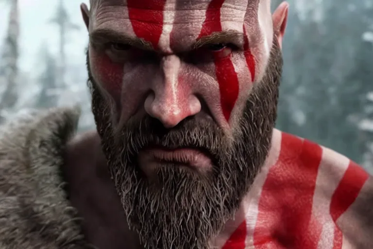 Image similar to vfx movie live action god of war closeup, natural grizzled skin by emmanuel lubezki