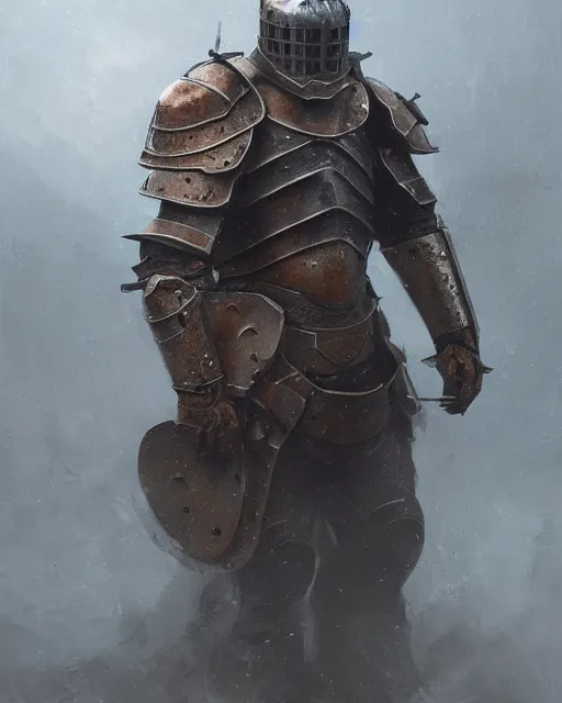 Prompt: Hyper realistic painting of an empty suit of rusty medieval full plate armour, dark fantasy, fantasy armor, hyper detailed, by greg rutkowski, surrounded by dark fog, trending on artstation