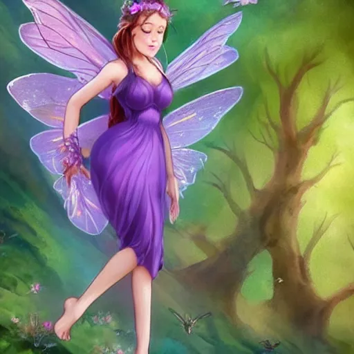 Prompt: very very very beautiful tiny fairy woman in her 20s with fairy wings wearing skintight purple dress, making eye contact, smiling, flirty, perfect body, perfect face, drawn by charles bowater