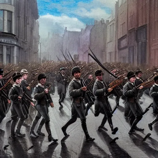 Image similar to irish rebel soldiers in 1 9 1 6 marching down a street in dublin with their rifles, highly detailed, digital painting, concept art, sharp focus, by makoto shinkai