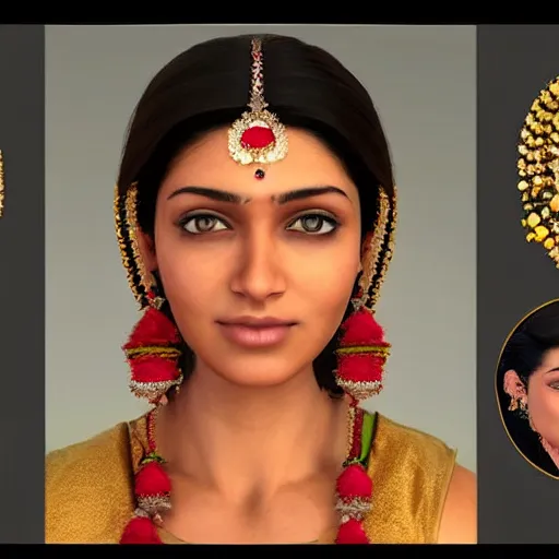 Image similar to a beautiful indian athletic slim female has a halo floating over her head like she was a holy person, the halo was made by a jeweler with gold with intricate details, unreal engine 5